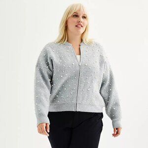 Gray Zip-Up Sweater with Pearl Accents NWT